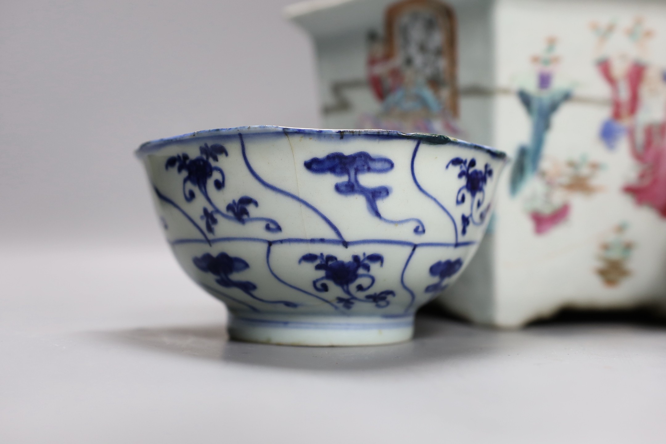 A 19th century Chinese famille rose planter, a jar and cover, two bowls and a crackle ware censer and wood cover, plater 16 cms high